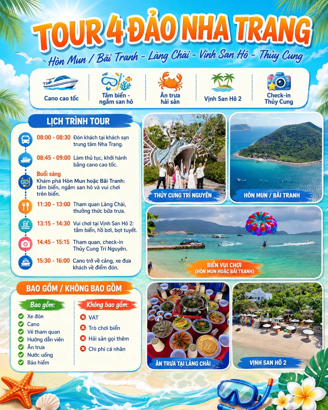 Chương trình tour 4 đảo Nha Trang Lịch trình tour 4 đảo Nha Trang bằng cano cao tốc trong 1 ngày