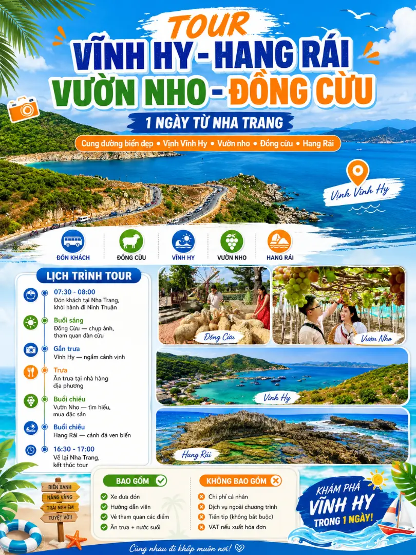 Lịch trình tour Vĩnh Hy - Hang Rái - Vườn Nho - Ninh Thuận Lịch trình tour Vĩnh Hy - Hang Rái - Vườn Nho - Ninh Thuận