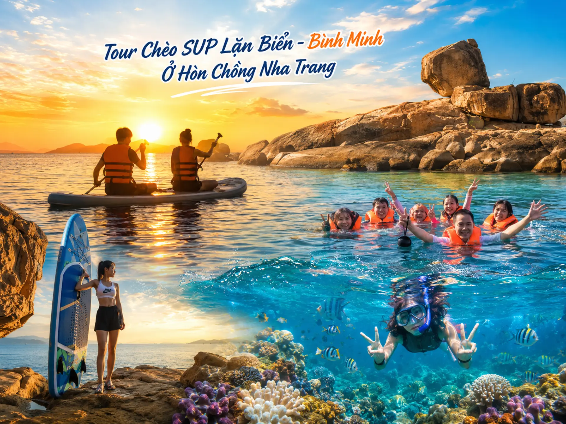 Du khách chèo SUP và lặn biển tại Hòn Chồng